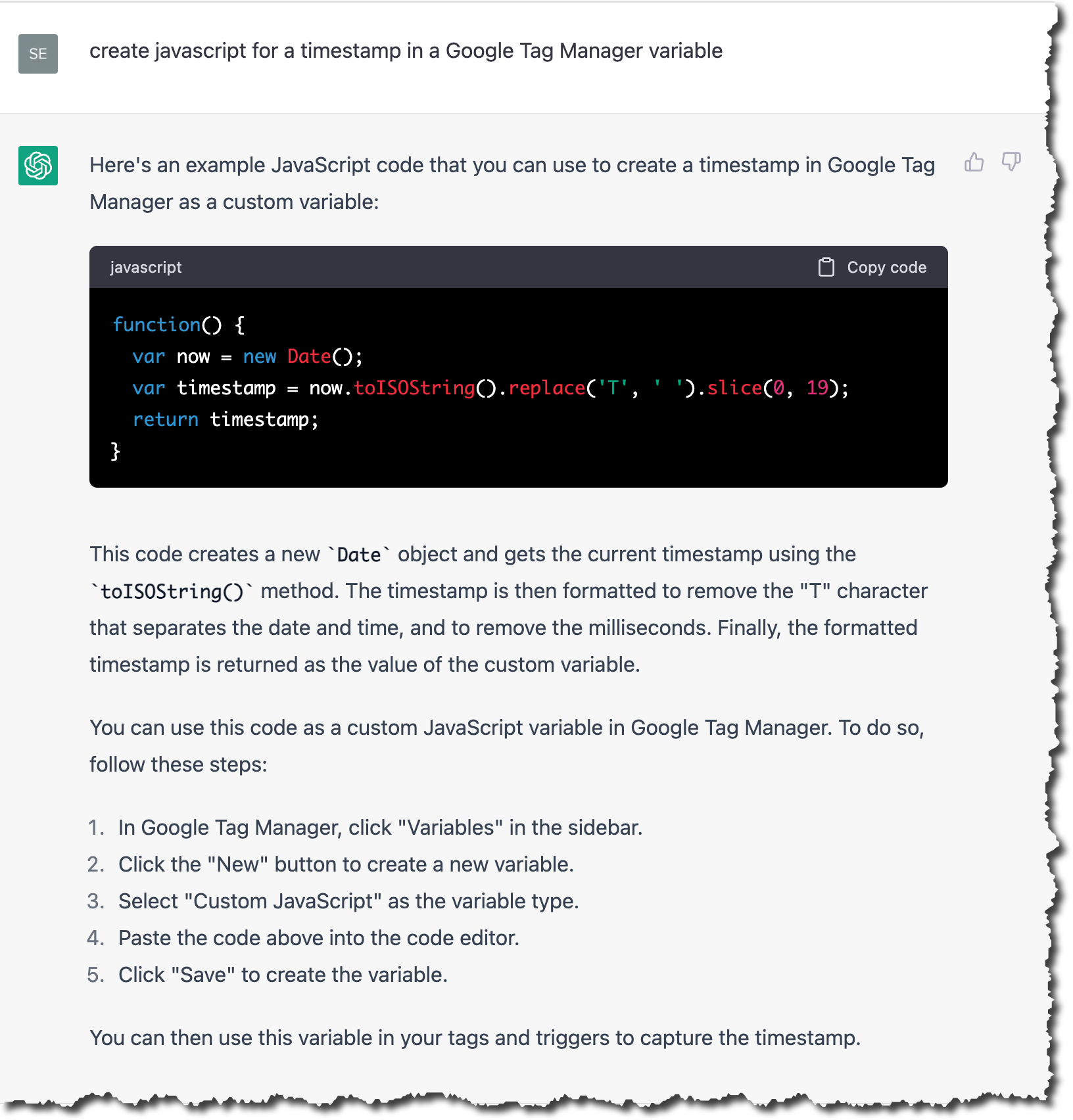 Image showing the screen capture of the ChatGPT response to the question 'create javascript for a timestamp in a Google Tag Manager variable'