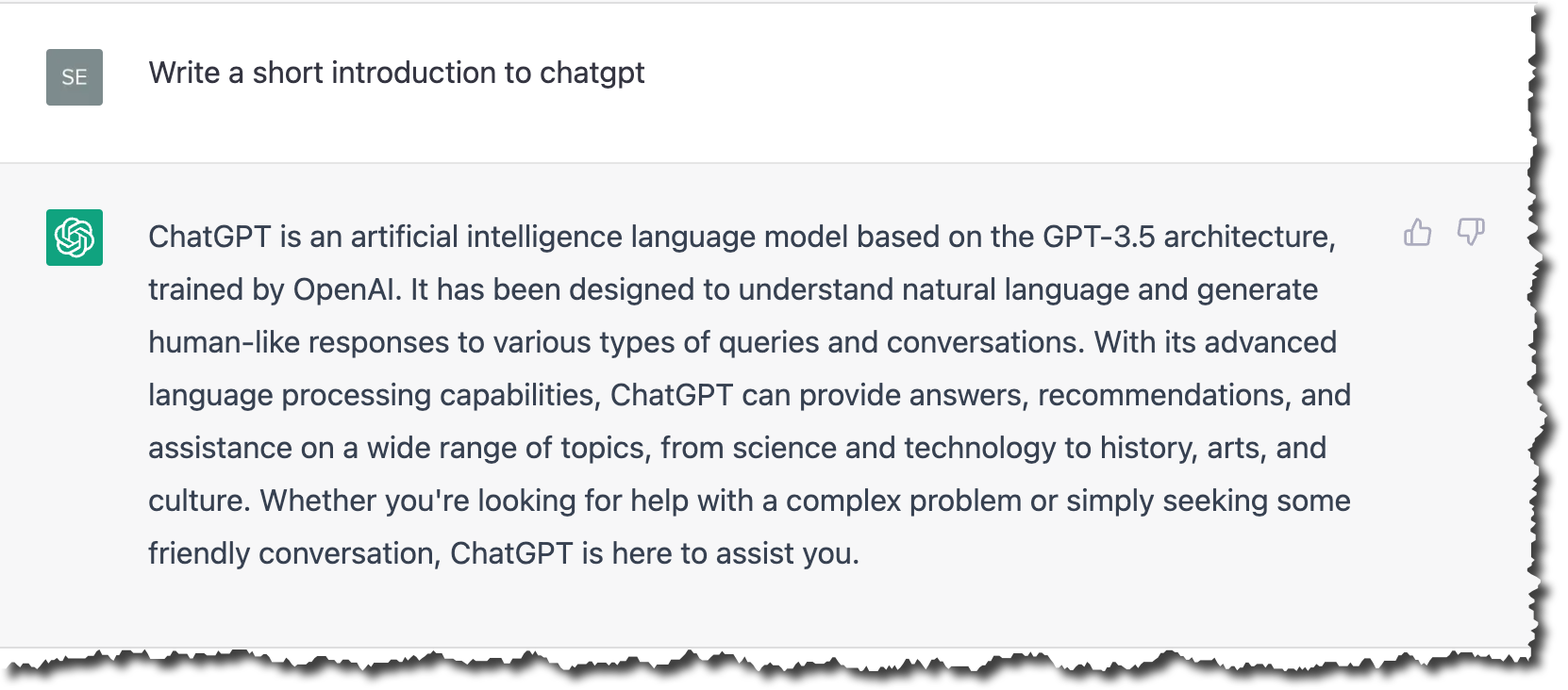 Image showing the screen capture of the ChatGPT response to the request 'Wite a short introduction to chatgpt'